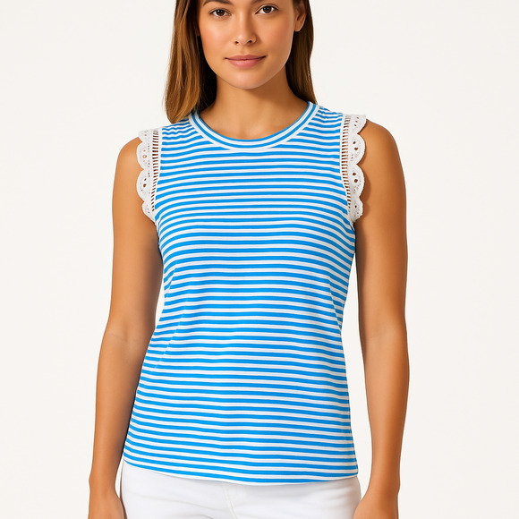 Lilly Pulitzer Blue White Stripe Lace Trim Sleeveless Crew Neck Top‎ Extra Small - Picture 1 of 8